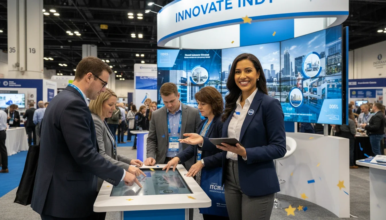 A professional brand ambassador engaging attendees at an Indianapolis trade show booth
