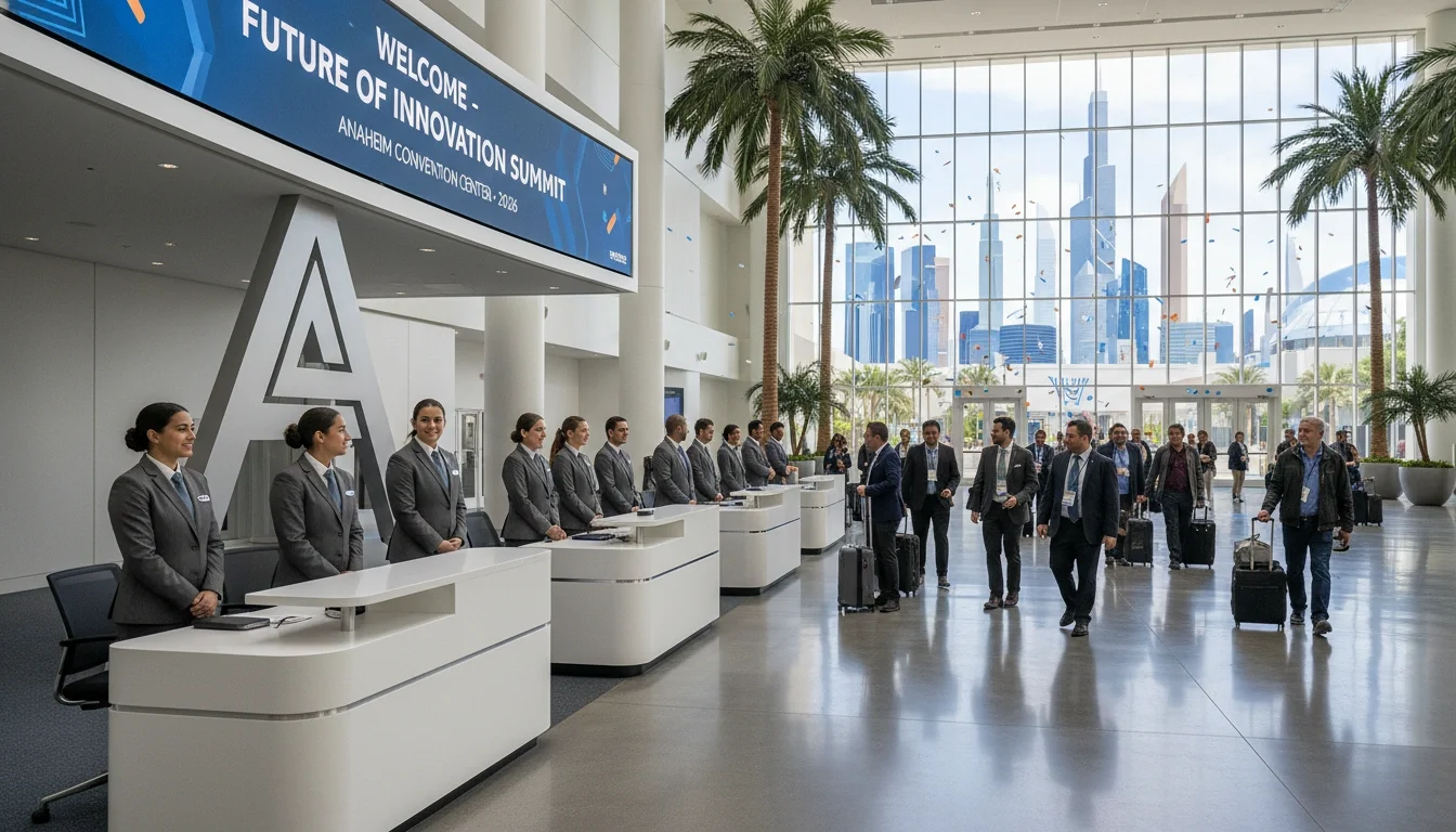 Professional event staff greeting attendees at an Anaheim convention