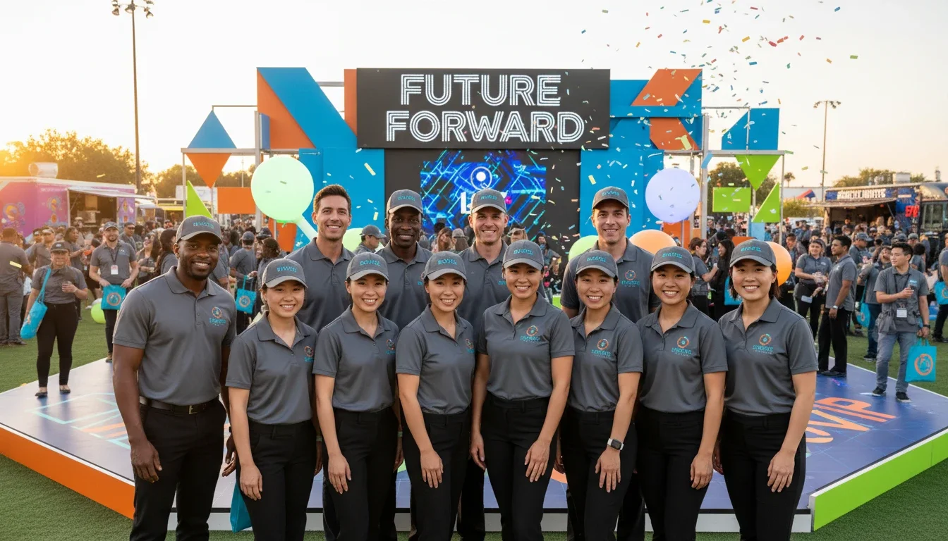 event staff team at brand activation smiling in branded uniforms