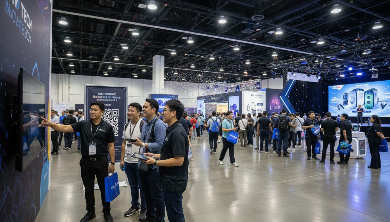Event activation staff assisting attendees at a large consumer expo