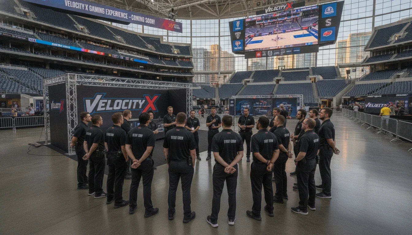 Professional event staff team briefing before a brand activation at a major sports venue
