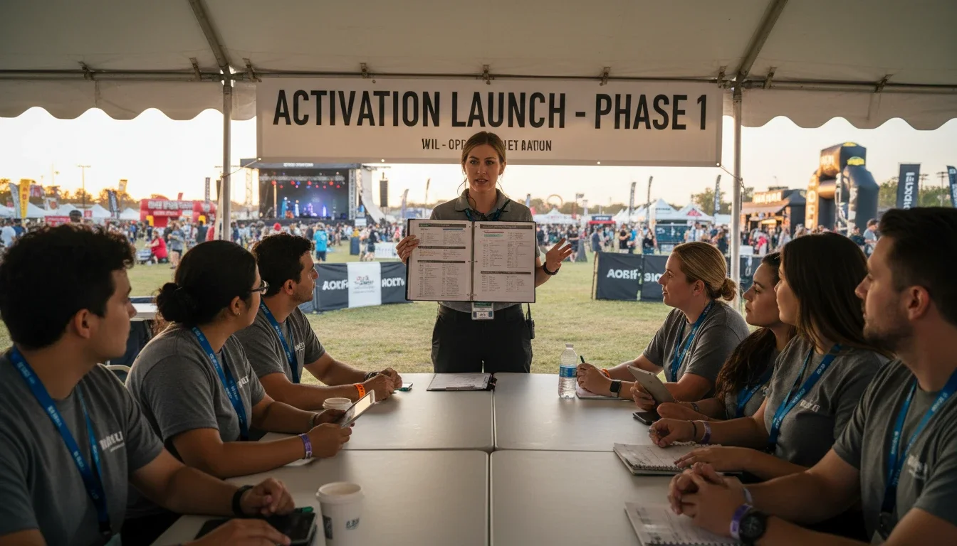 On-site tour captain reviewing briefing materials with event staff before activation launch