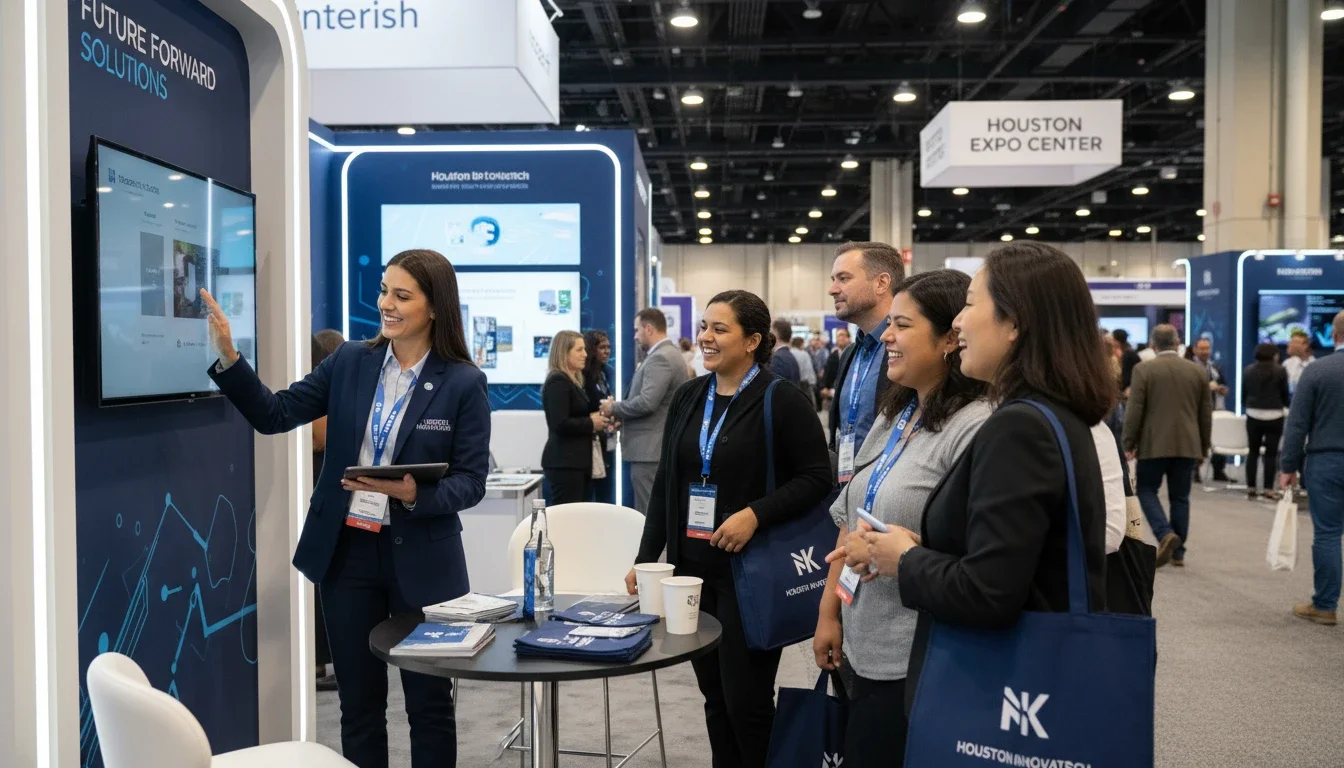 Engaged brand ambassador connecting with trade show visitors at a Houston expo