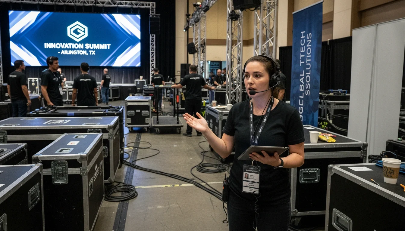 Production assistant with headset managing event logistics at Arlington Texas venue