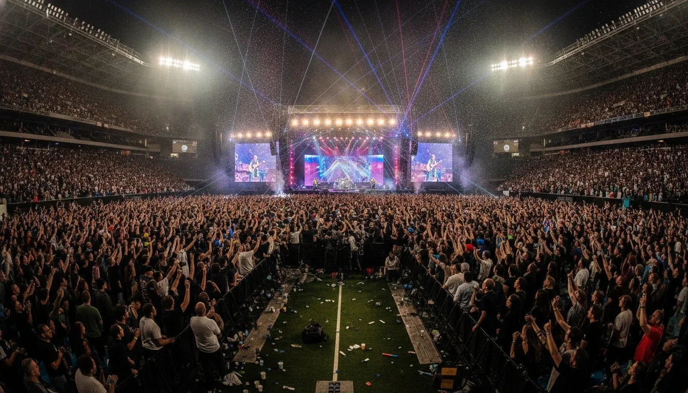 A crowd at a stadium concert from the field level, lights blazing