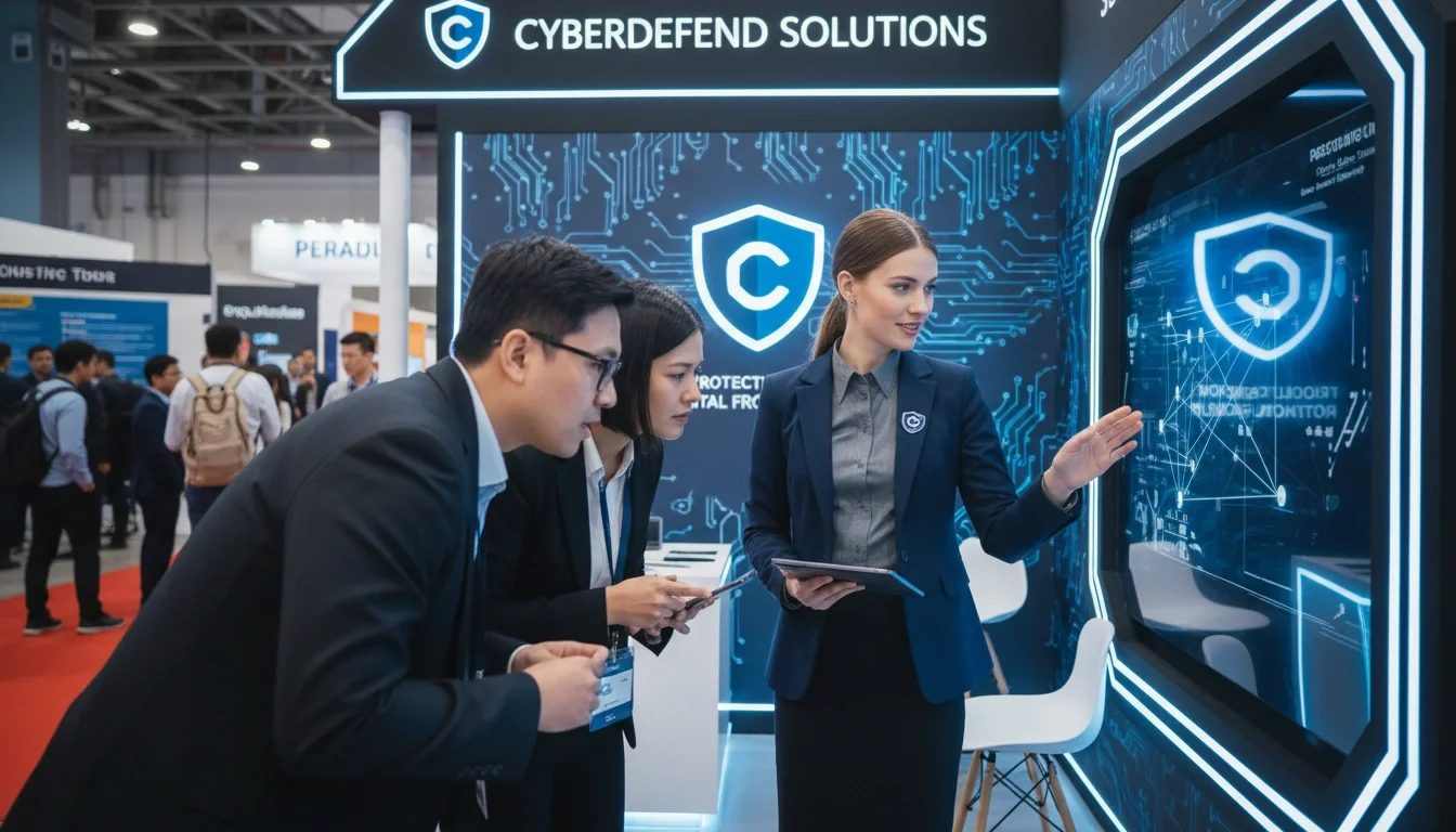 A briefed, professional brand ambassador fielding technical questions at a cybersecurity expo booth