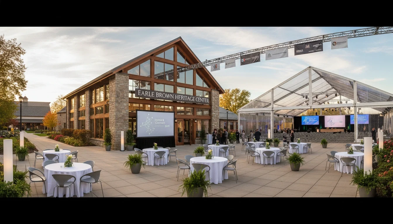 Earle Brown Heritage Center exterior and event space used for a corporate conference