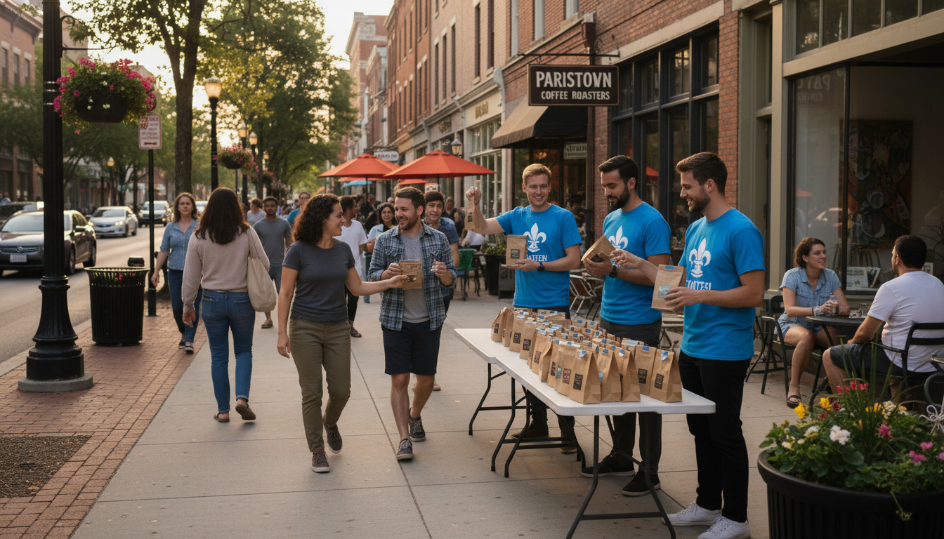 A street team distributing product samples in a busy Louisville neighborhood district