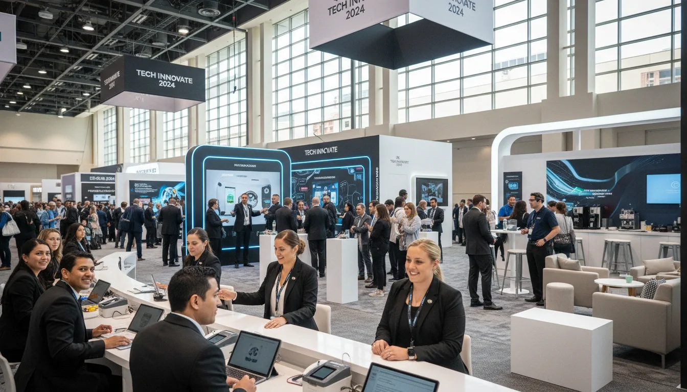 Professional trade show staff covering multiple booth zones — from registration to product demonstrations — at a major Las Vegas convention