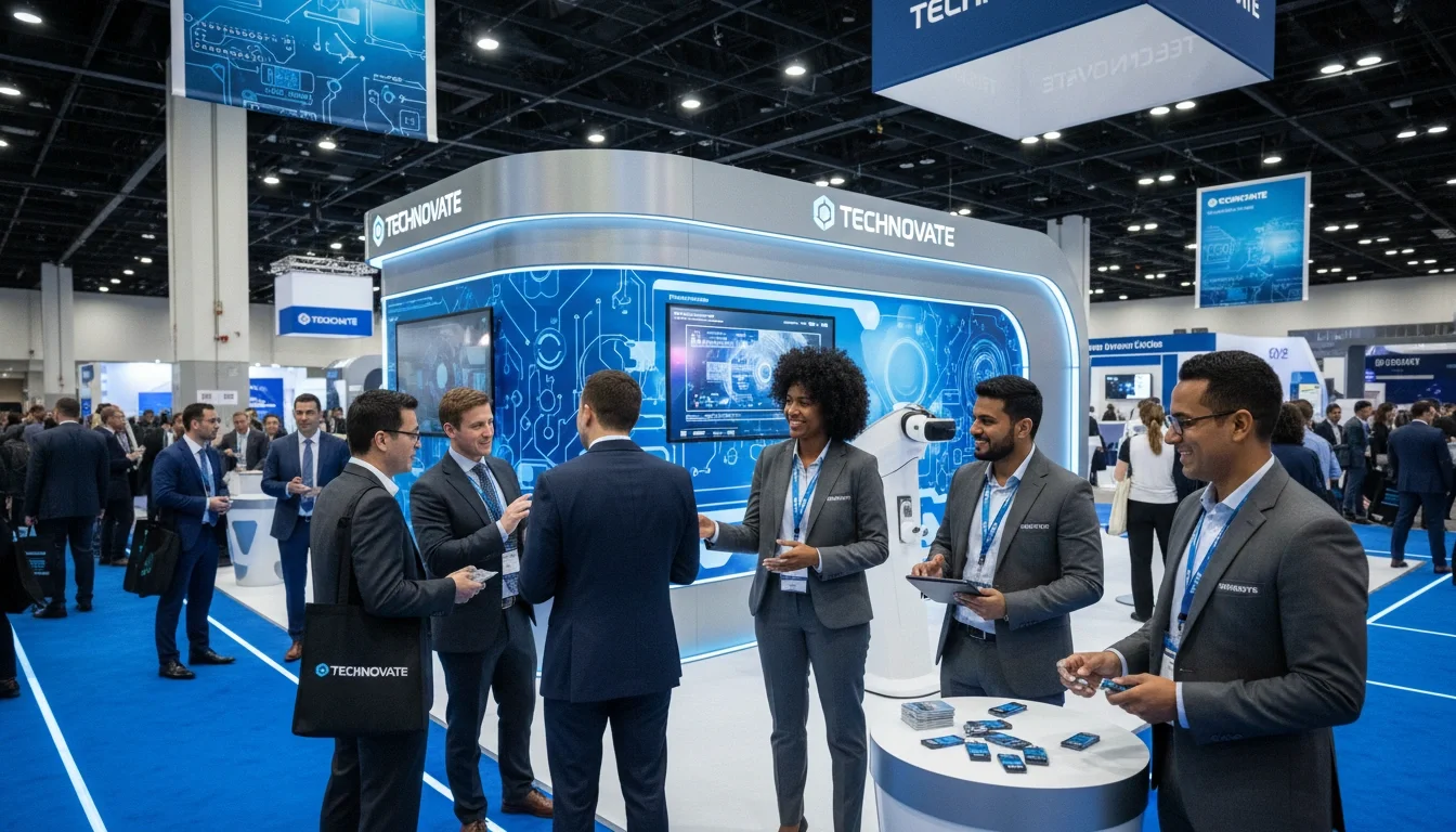 Professional event staff engaging attendees at a large-scale tech conference booth