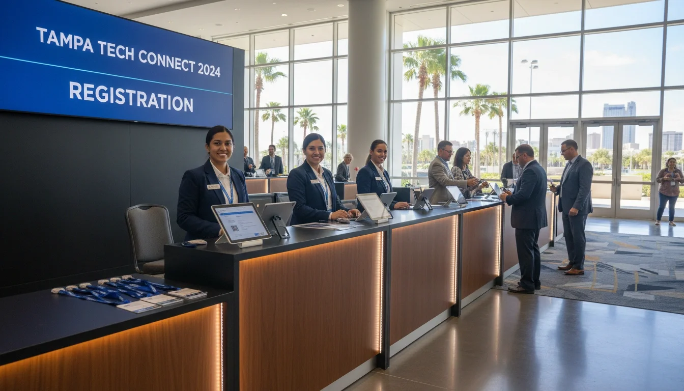 professional event staff at corporate conference registration desk Tampa