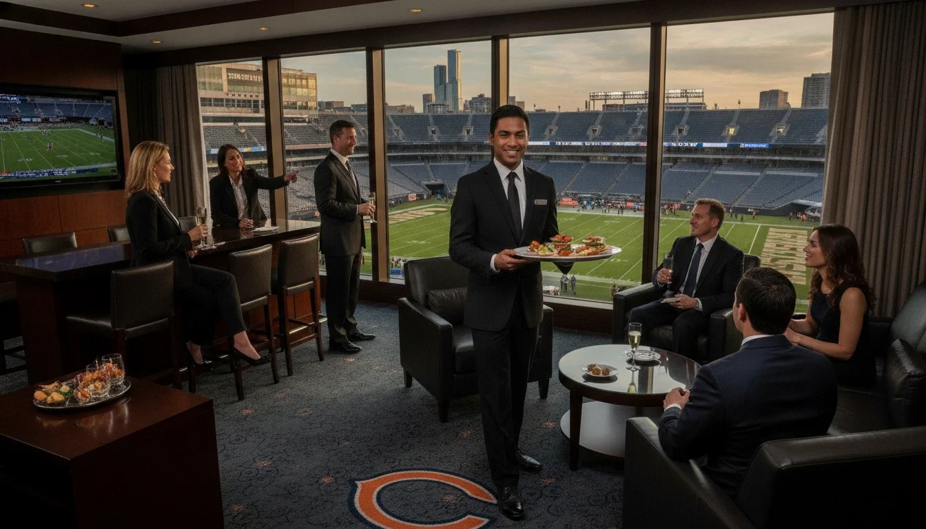 Professional suite attendant serving guests in a luxury Soldier Field executive suite with views of the field