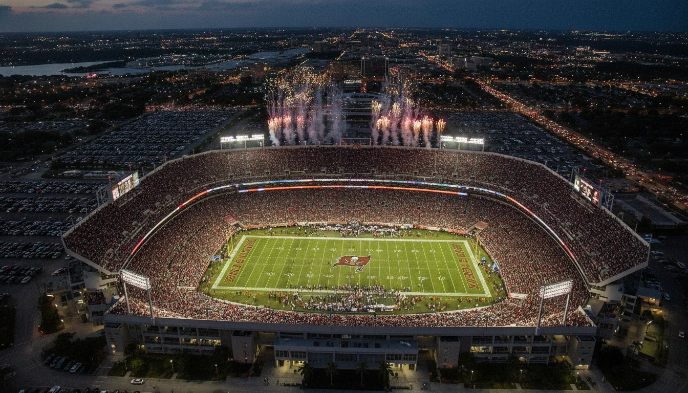 Aerial view of Raymond James Stadium during a major event in Tampa, Florida
