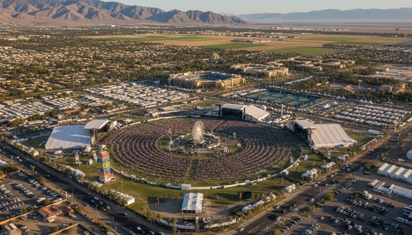 Aerial view of the Coachella Valley with fairgrounds and event venues visible in the Indio cityscape