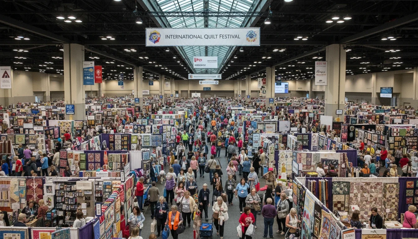 Crowded convention floor at the International Quilt Festival Houston showing vendor booths and attendees
