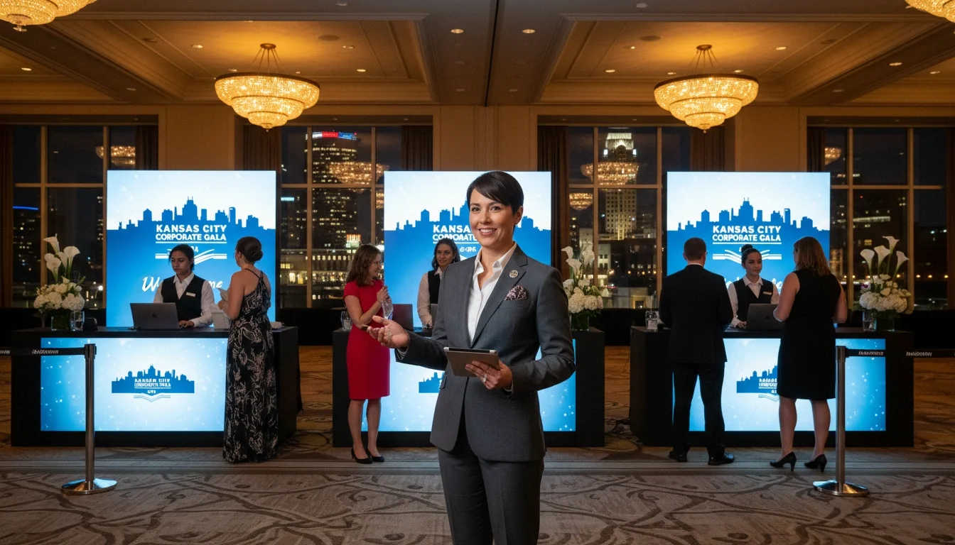 Professional event captain coordinating a corporate gala registration desk at a Kansas City hotel ballroom