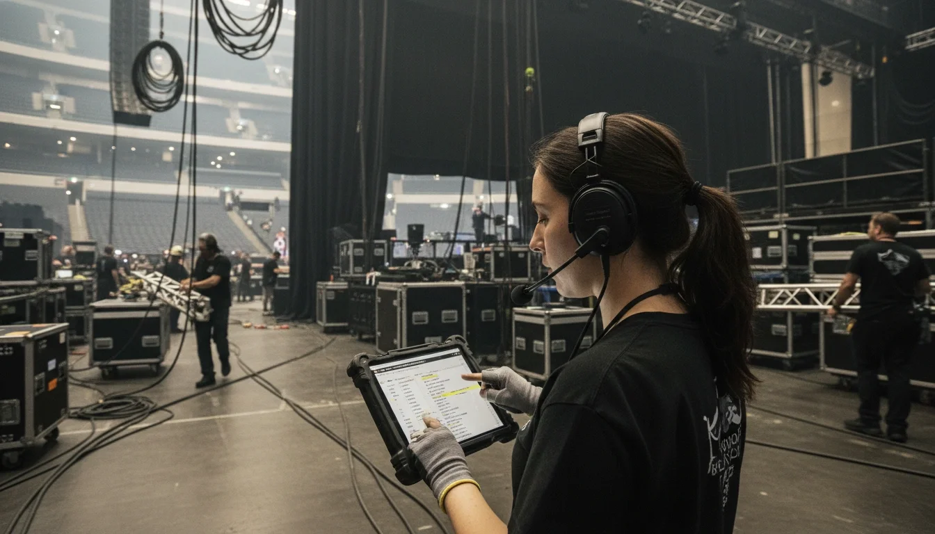 event production assistant using tablet and headset at event venue