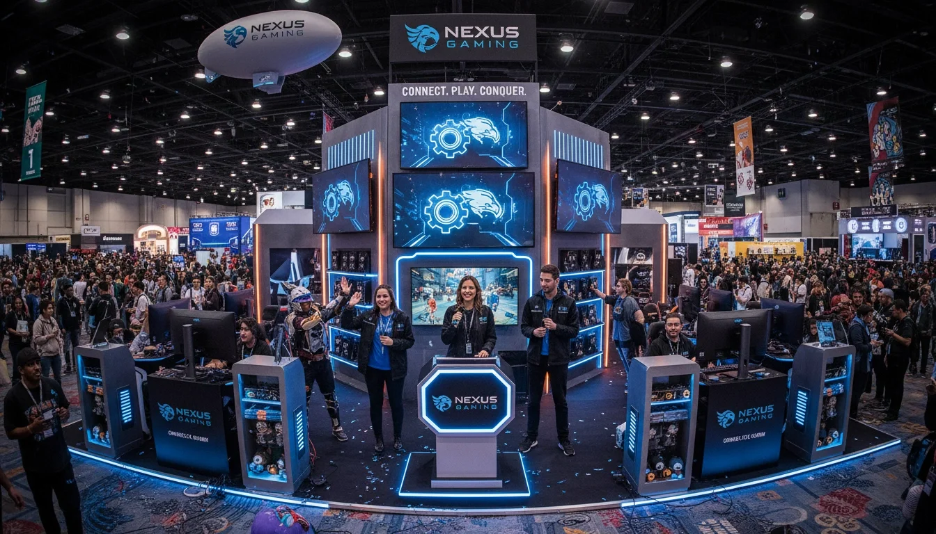 A branded activation booth staffed by energetic brand ambassadors at a large pop culture convention floor