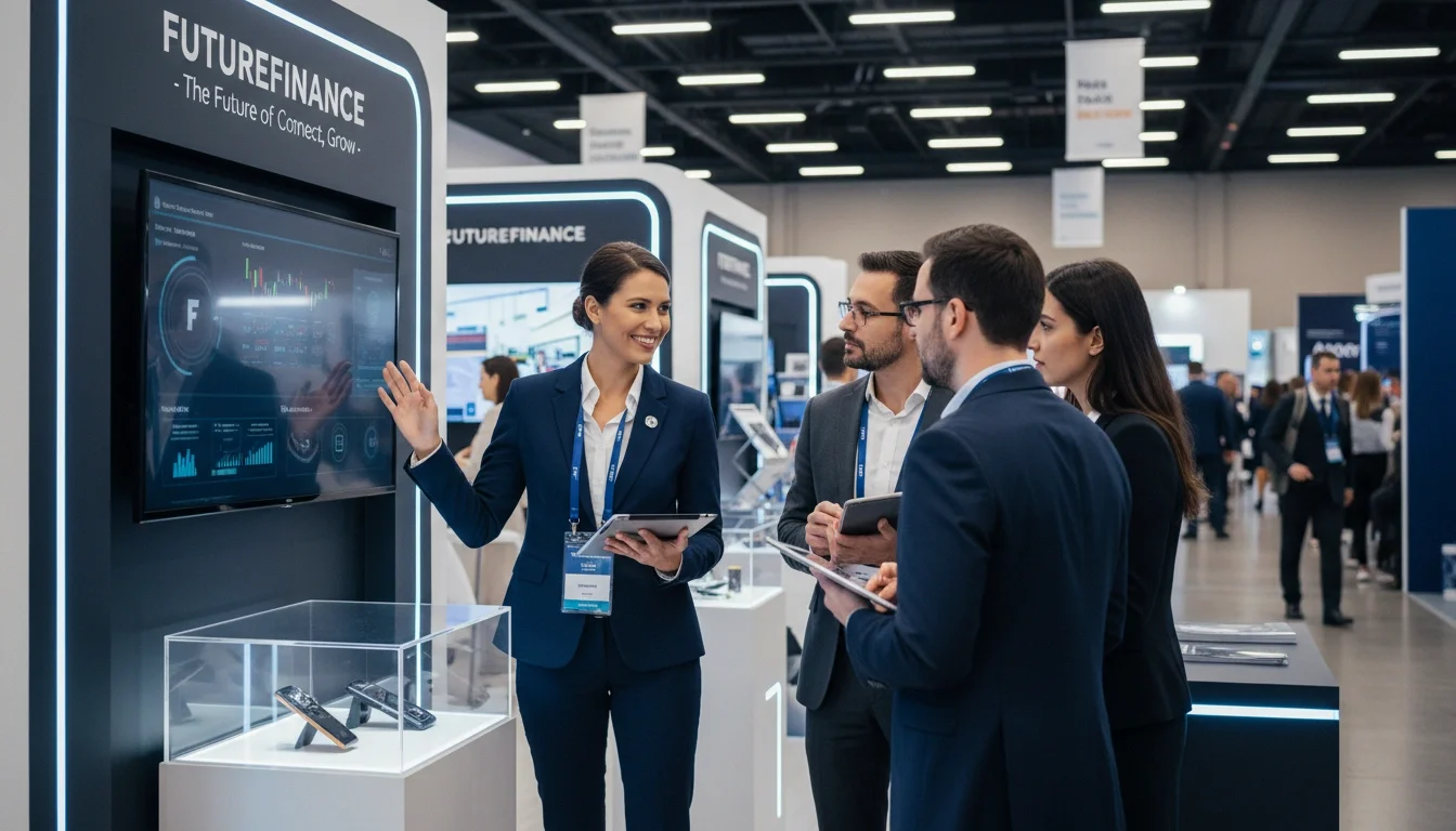 A brand ambassador at a fintech conference booth engaging with executive attendees.