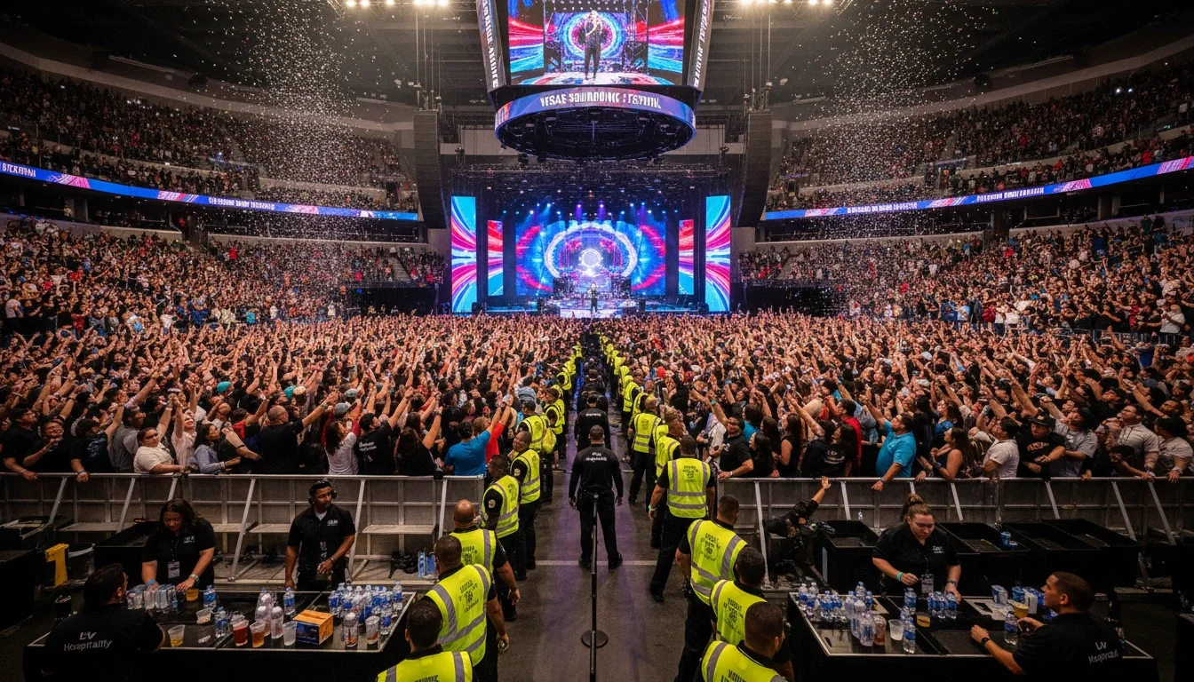High-energy concert crowd at a Las Vegas arena requiring expert crowd management and hospitality staffing