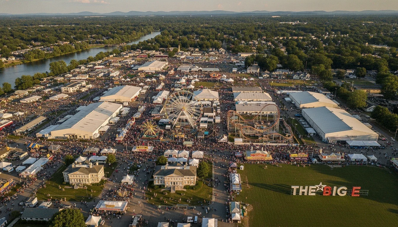 Aerial view of the Eastern States Exposition fairgrounds during The Big E, West Springfield, Massachusetts