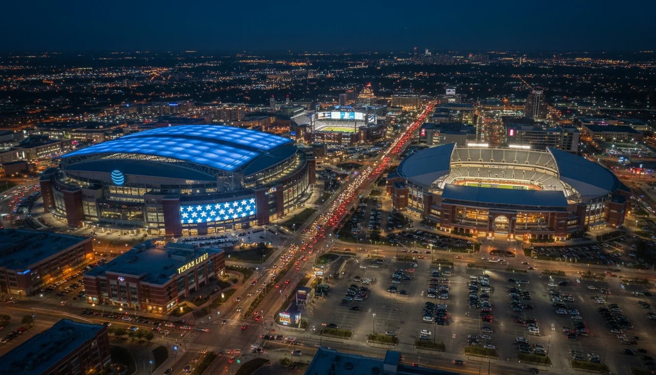 Arlington Texas event planning guide hero image showing entertainment district at night