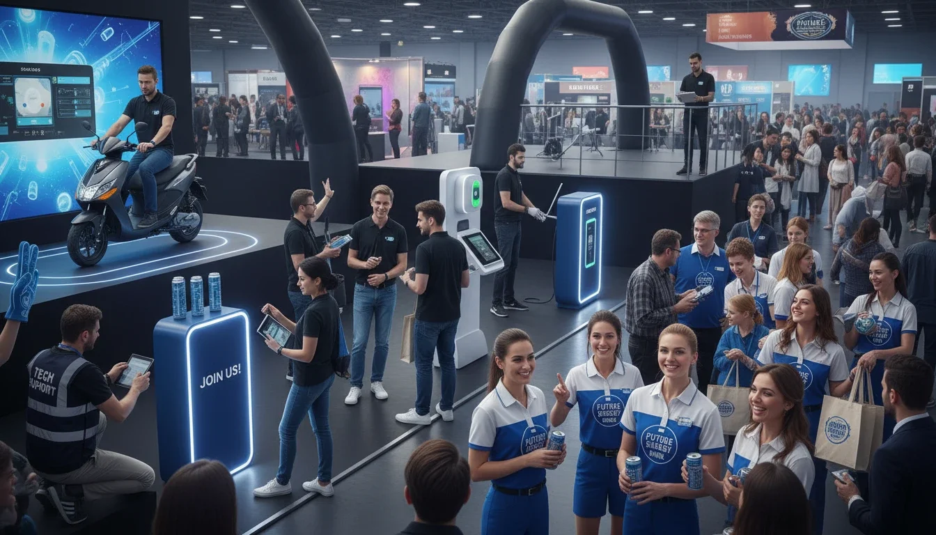 Different event staff roles at a brand activation — from product demo specialists to brand ambassadors