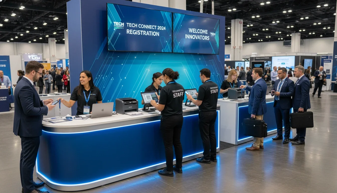 Professional event staff managing check-in registration at Anaheim trade show