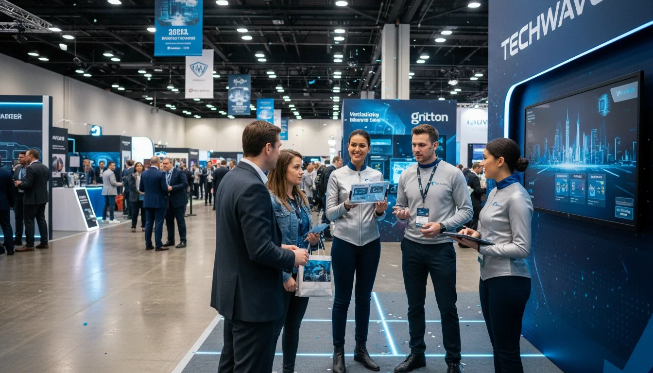Professional brand ambassadors engaging with attendees at a busy technology conference expo floor