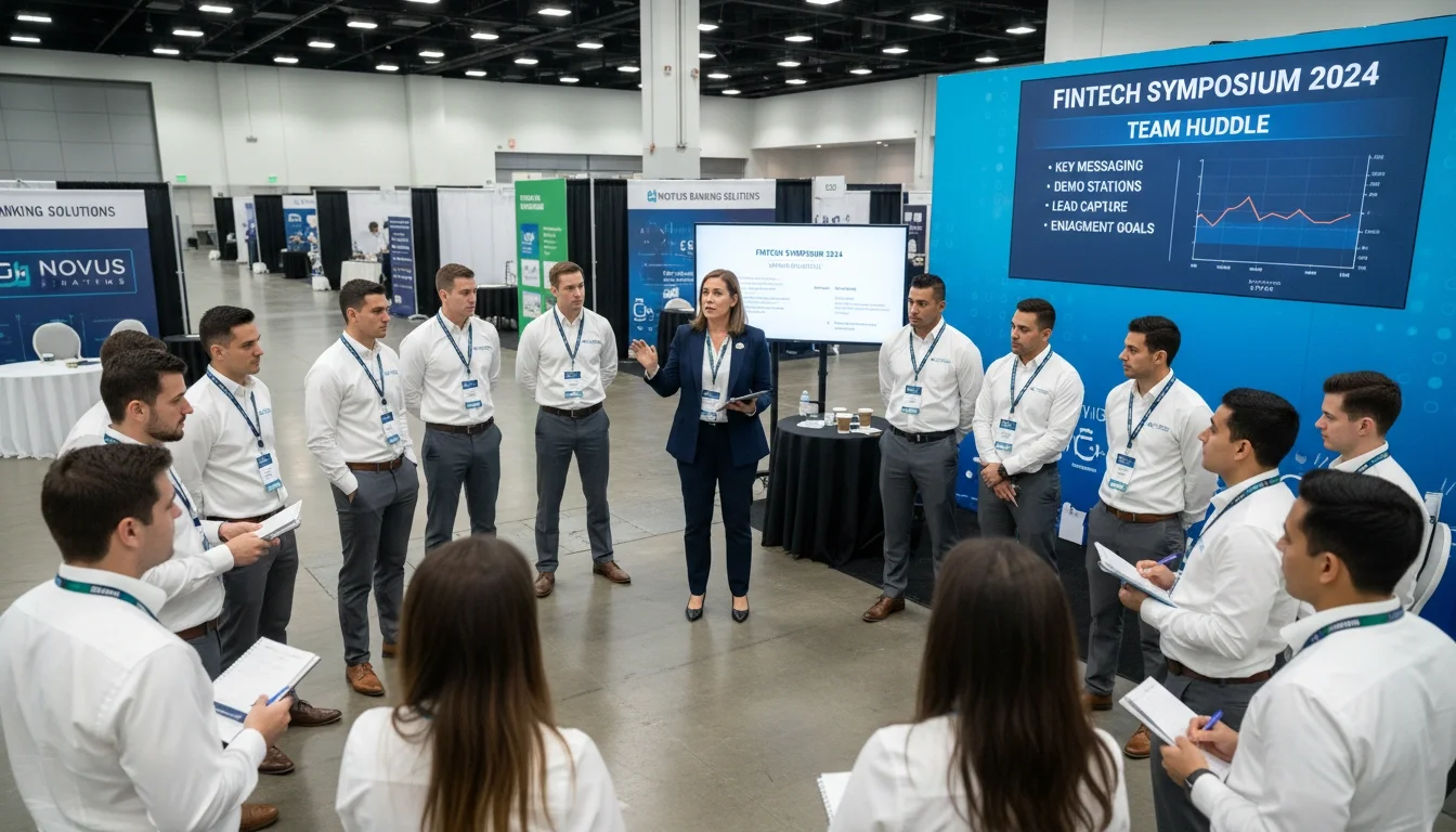 Event captain conducting pre-show team briefing with brand ambassadors before a fintech trade show