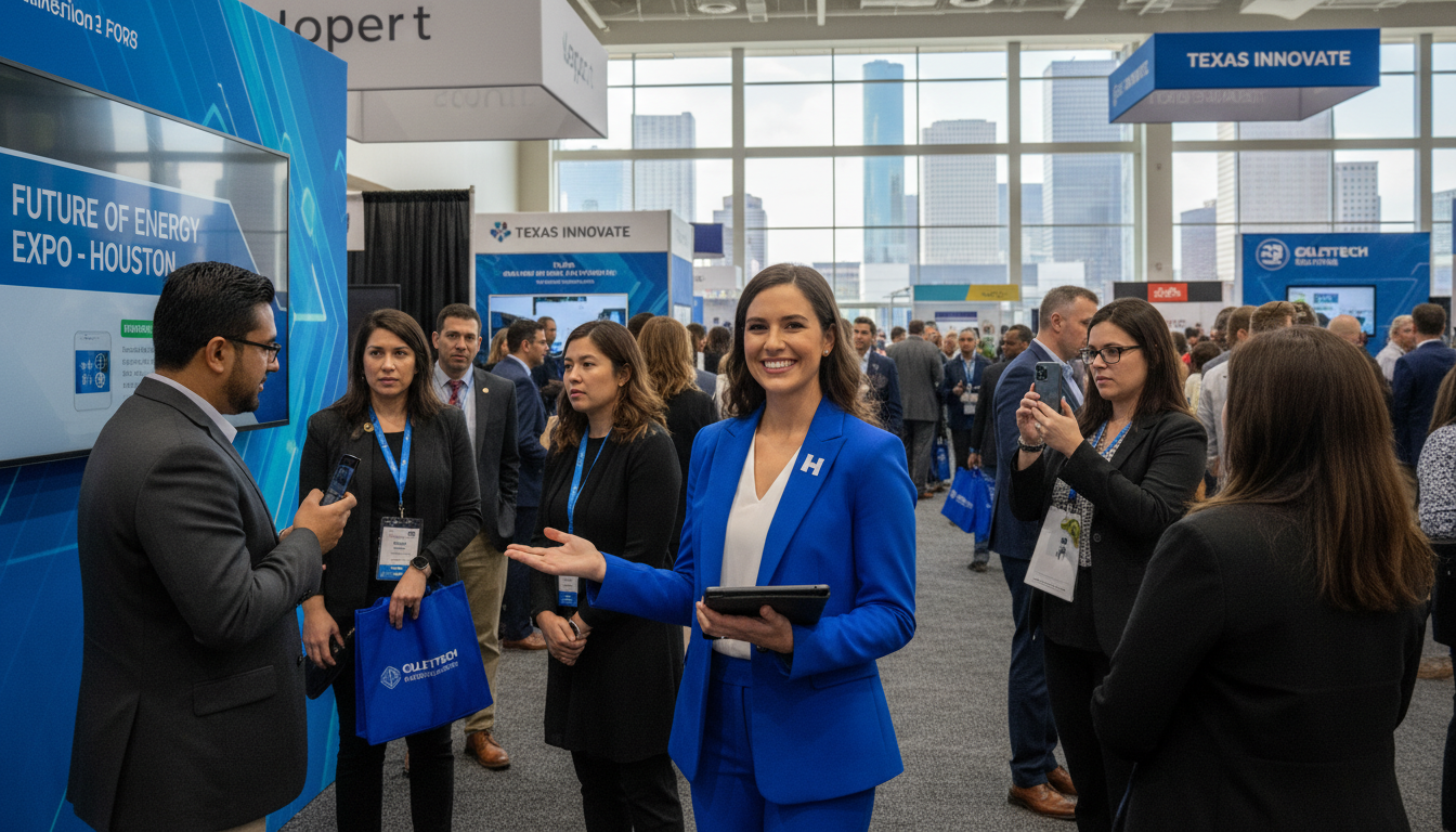 A professional brand ambassador engaging with convention attendees at a large Houston event