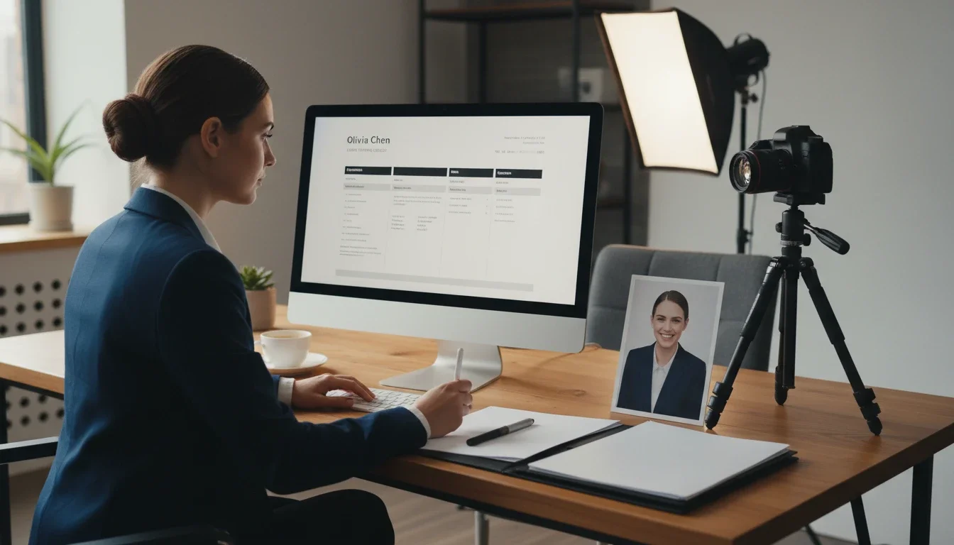 A job candidate preparing a polished resume and professional headshot for event staffing applications