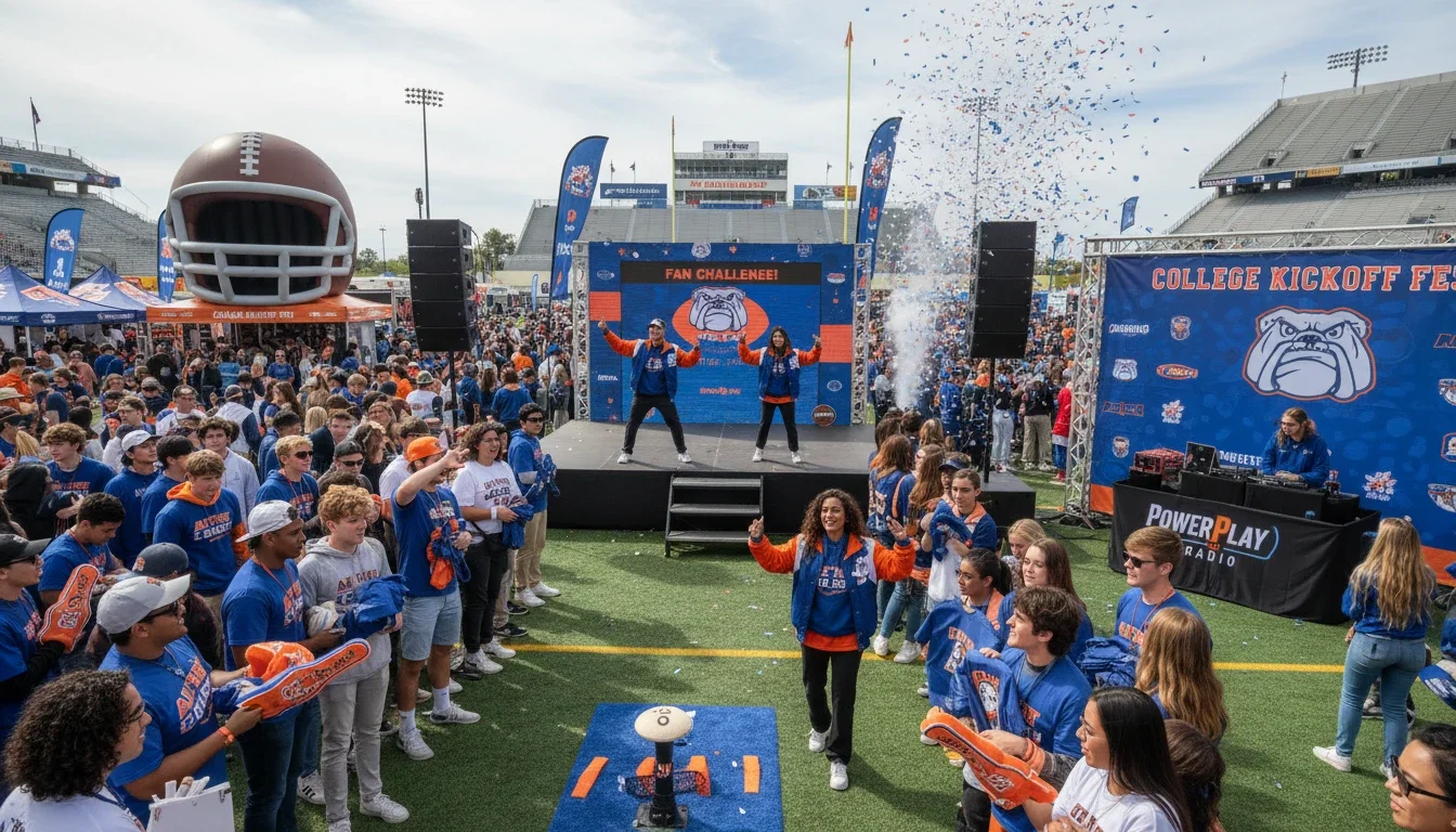 Brand ambassadors engaging fans at a high-energy college football activation