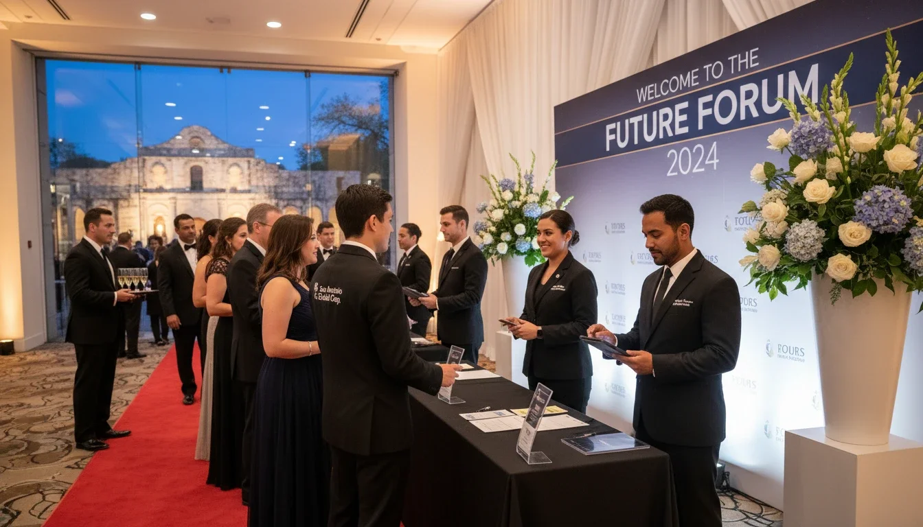 Professional event staff greeting attendees at a corporate gala in San Antonio