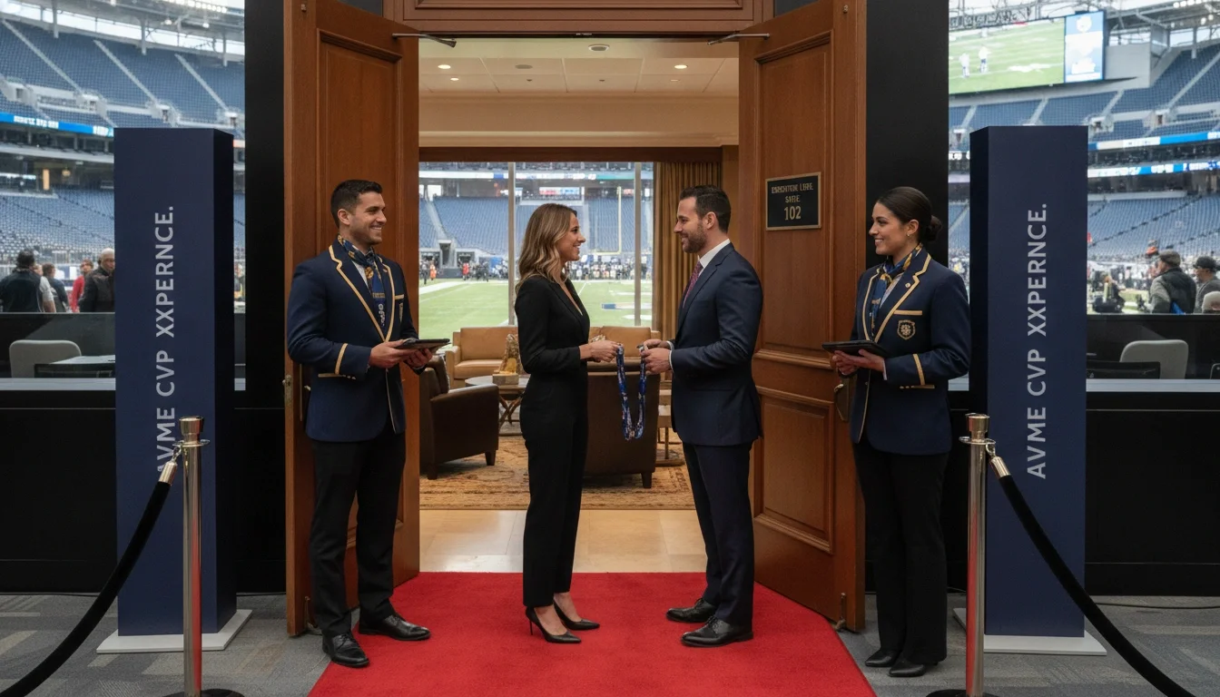 Event staff greeting VIP guests at a corporate suite entrance at a major NFL stadium