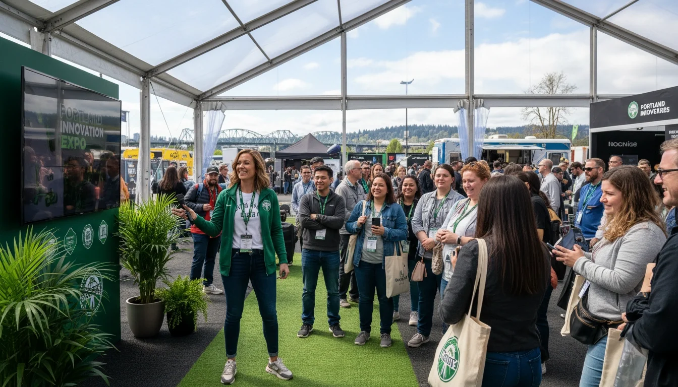 Brand ambassador engaging with attendees at a Portland outdoor event or trade show