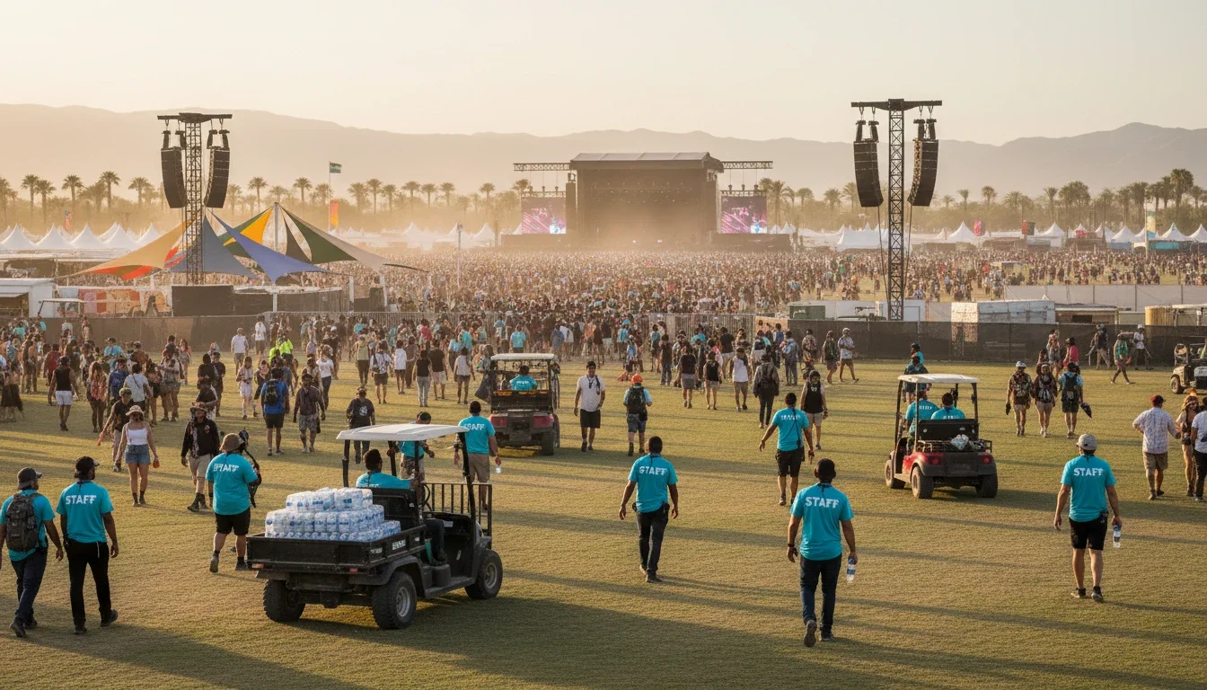 Event staff working a large-scale outdoor festival at Empire Polo Club in Indio, California