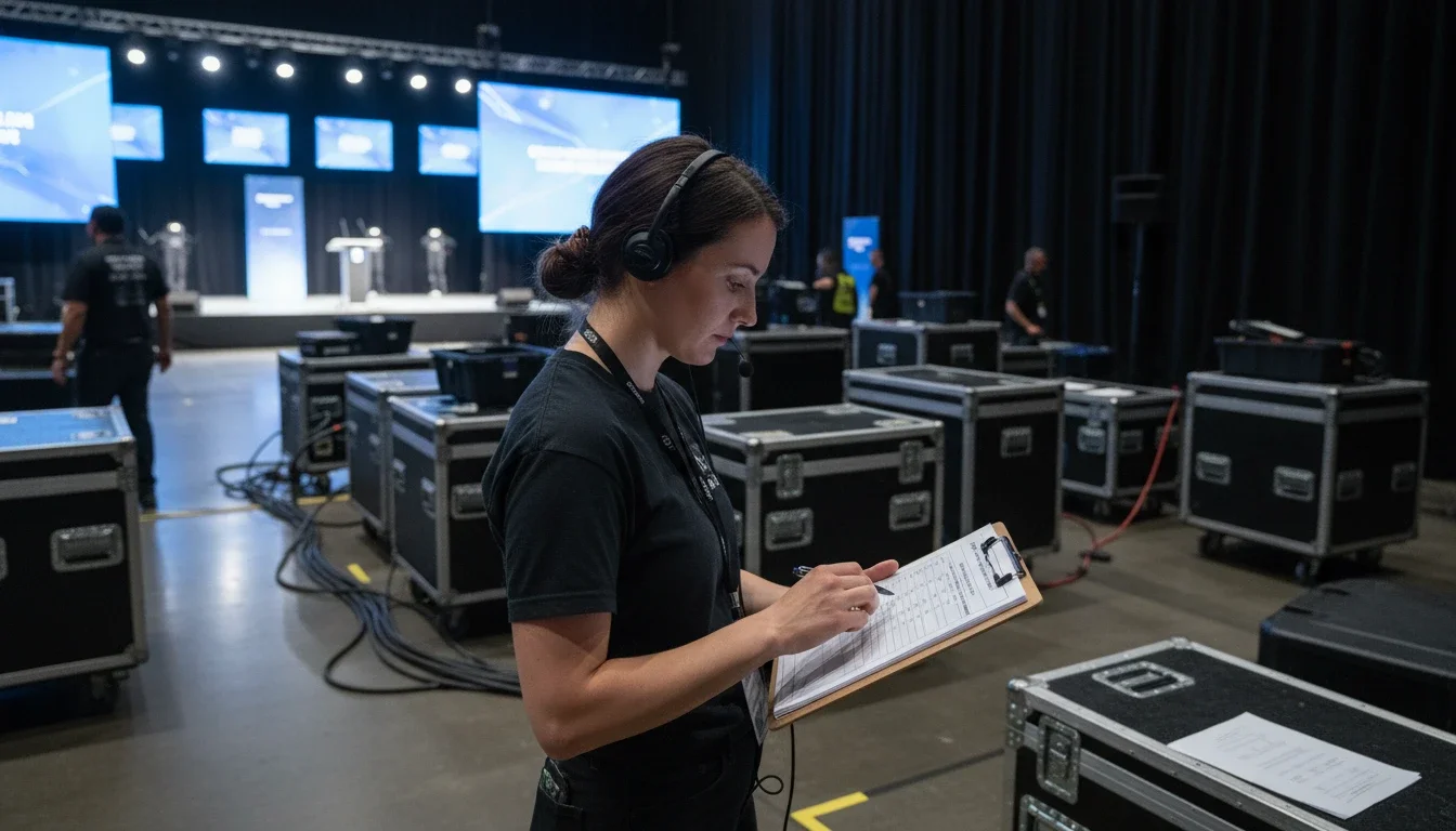 event production assistant reviewing run of show document backstage