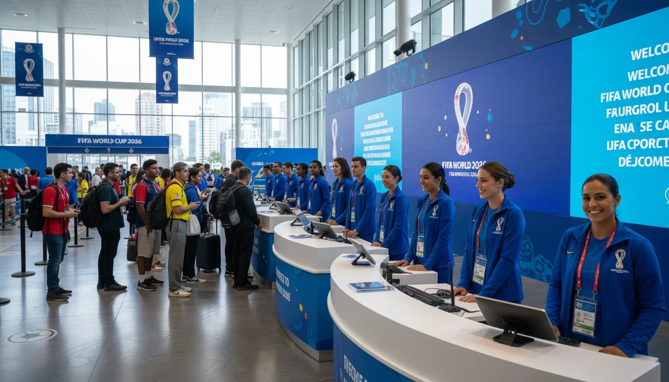 multilingual event staff greeting international guests at check-in