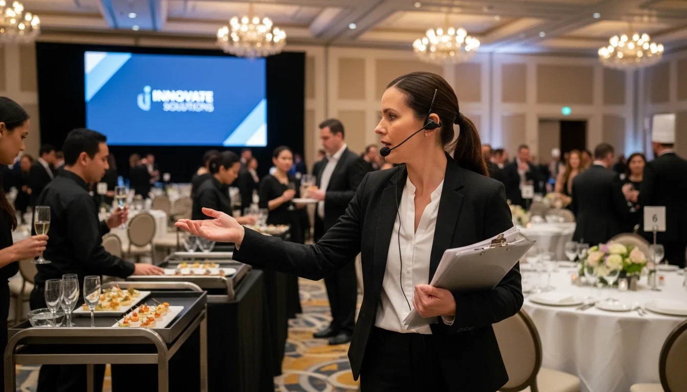 Event coordinator reviewing run-of-show document and managing vendor logistics at a large-scale corporate event
