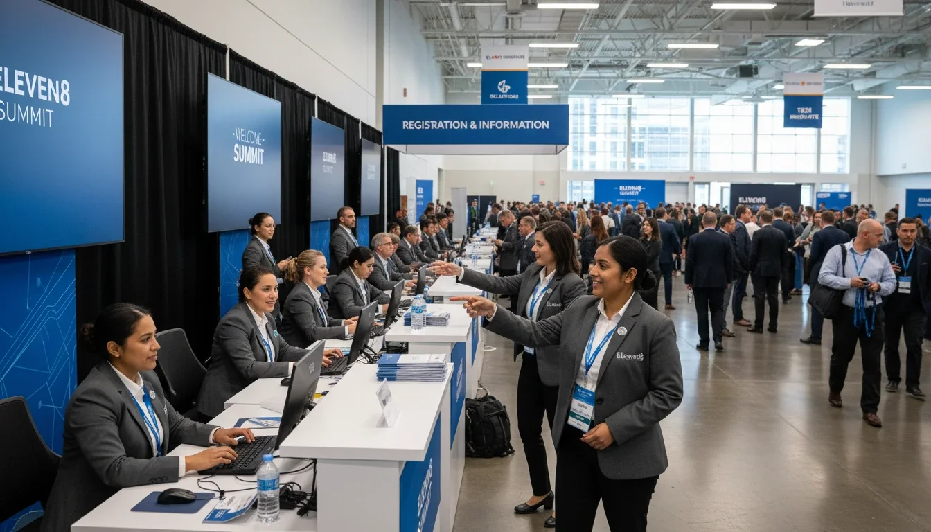 Professional Eleven8 event staff managing registration at a major corporate conference
