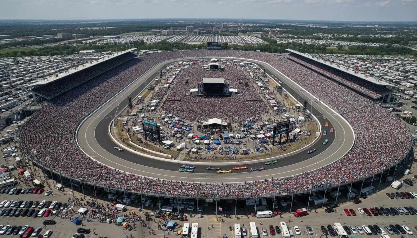 Aerial view of the Indianapolis Motor Speedway packed with fans on race day