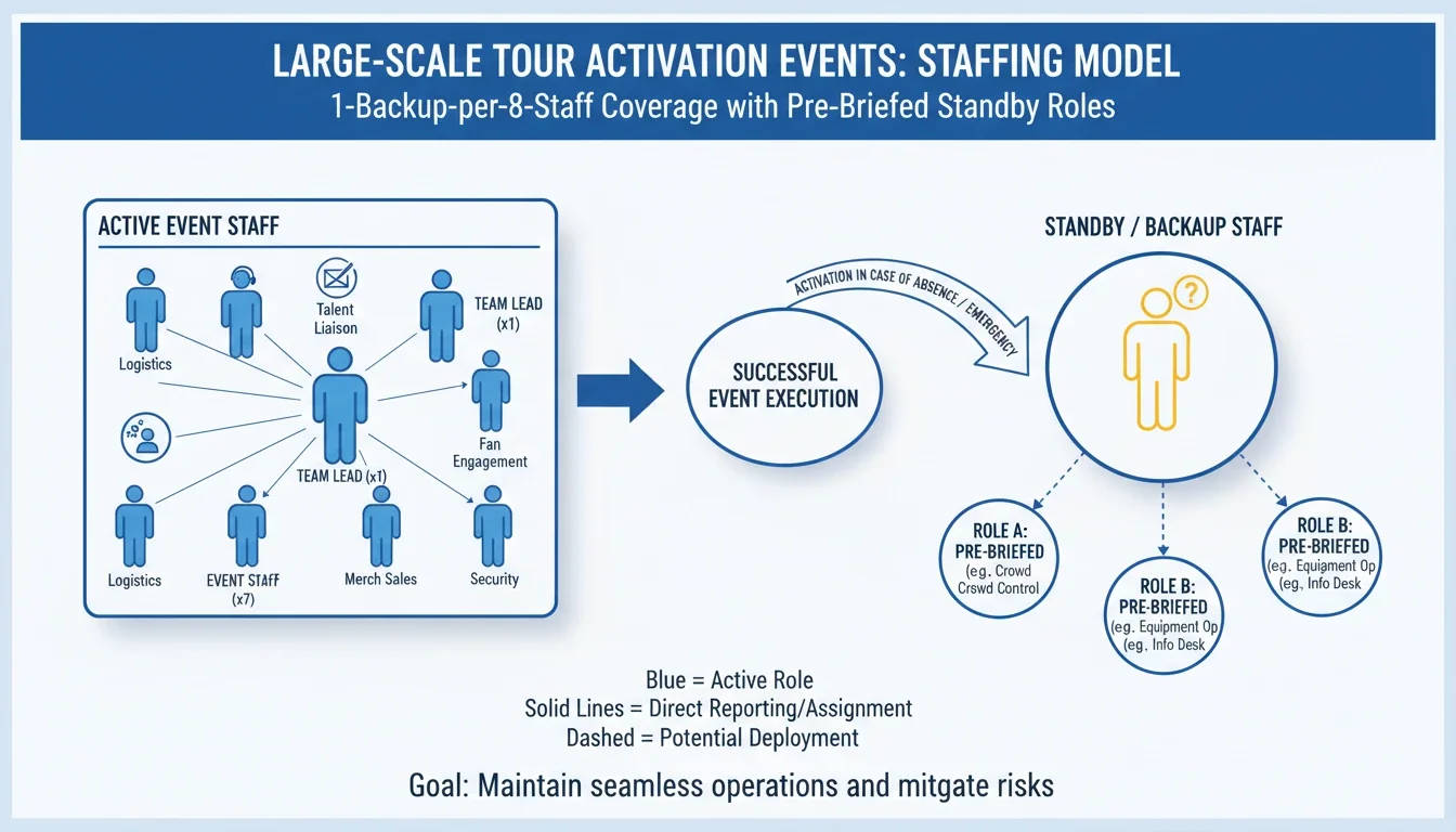 Brand activation backup staffing coverage model showing pre-briefed standby staff ratio for event tours
