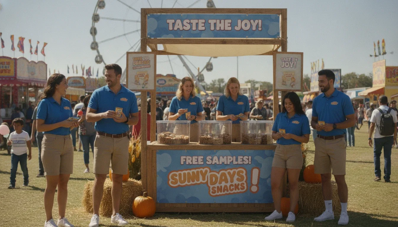 Brand ambassador team in matching branded uniforms working an outdoor activation booth at a state fair