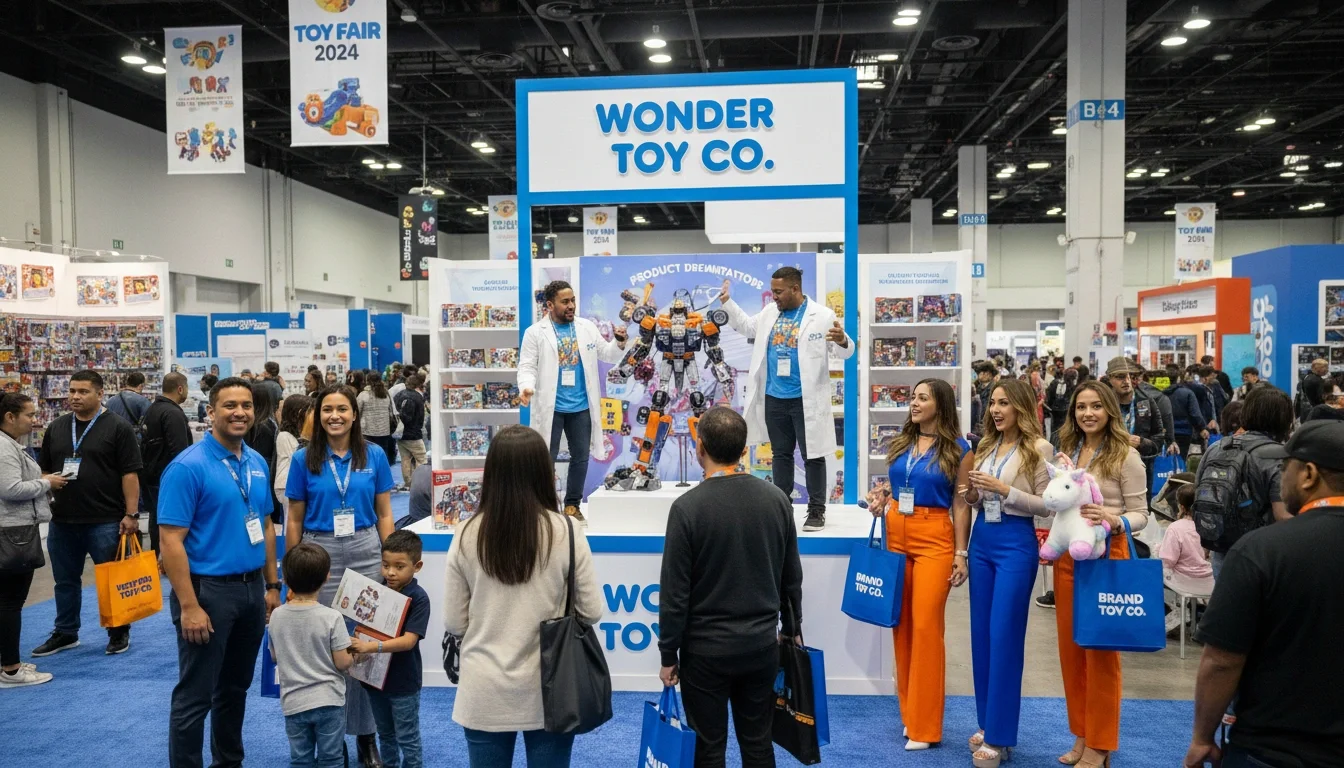 Brand ambassadors and product demo staff at a trade show booth at New York Toy Fair
