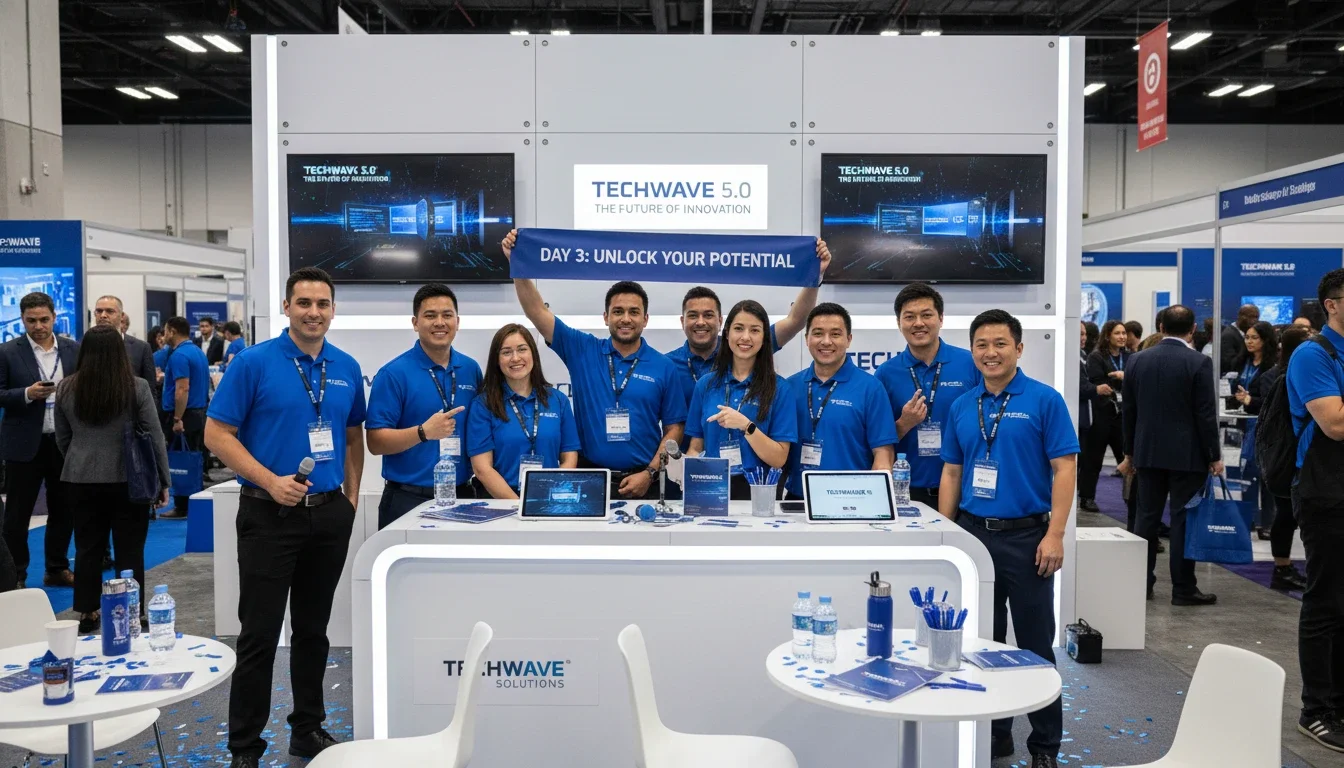 Event staff team gathered at a brand activation booth during a multi-day campaign