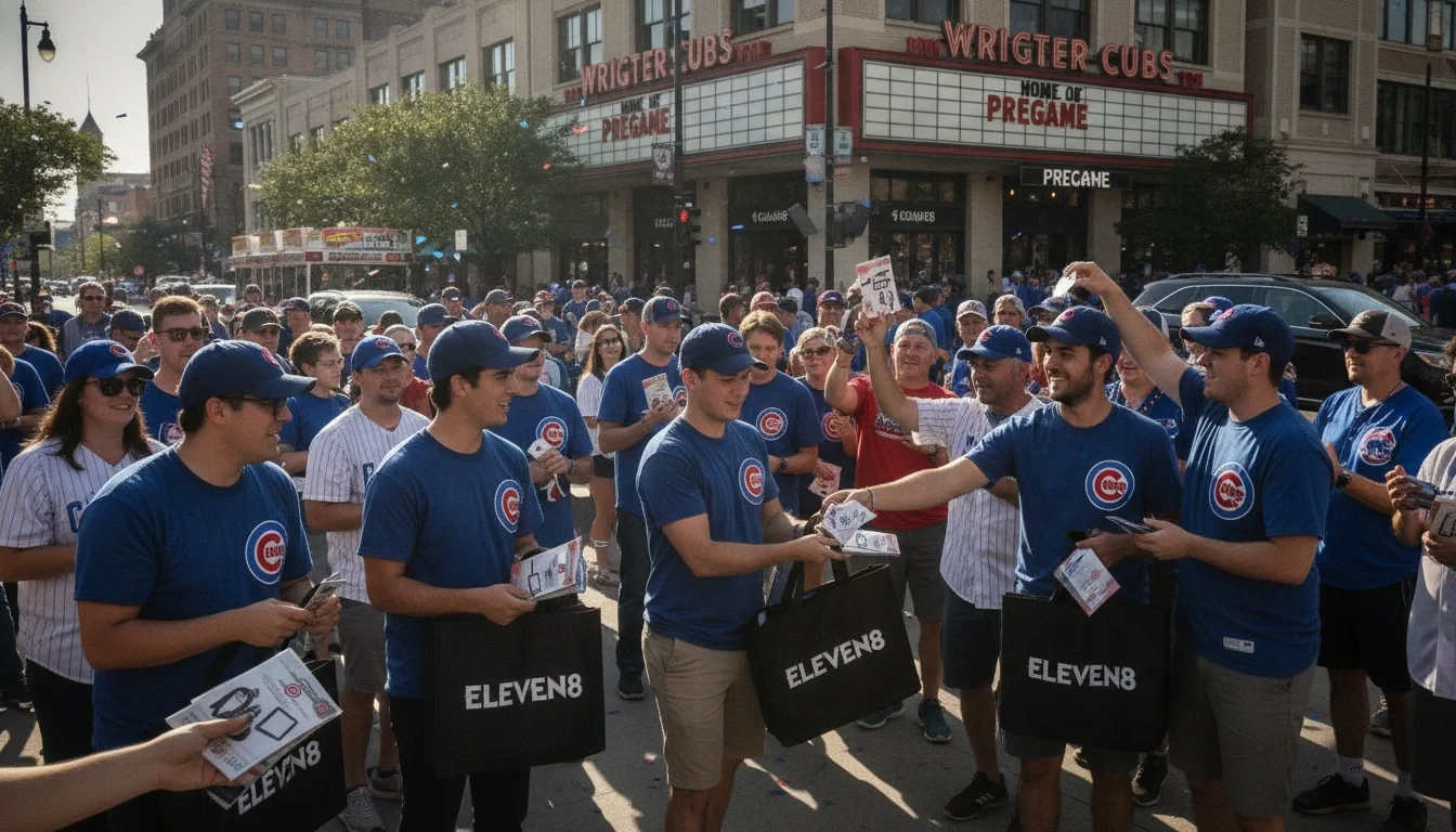 Eleven8 street team distributing brand materials to fans outside Wrigley Field pregame