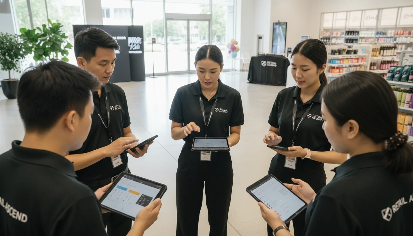retail temp staff reviewing brand training materials on mobile before event