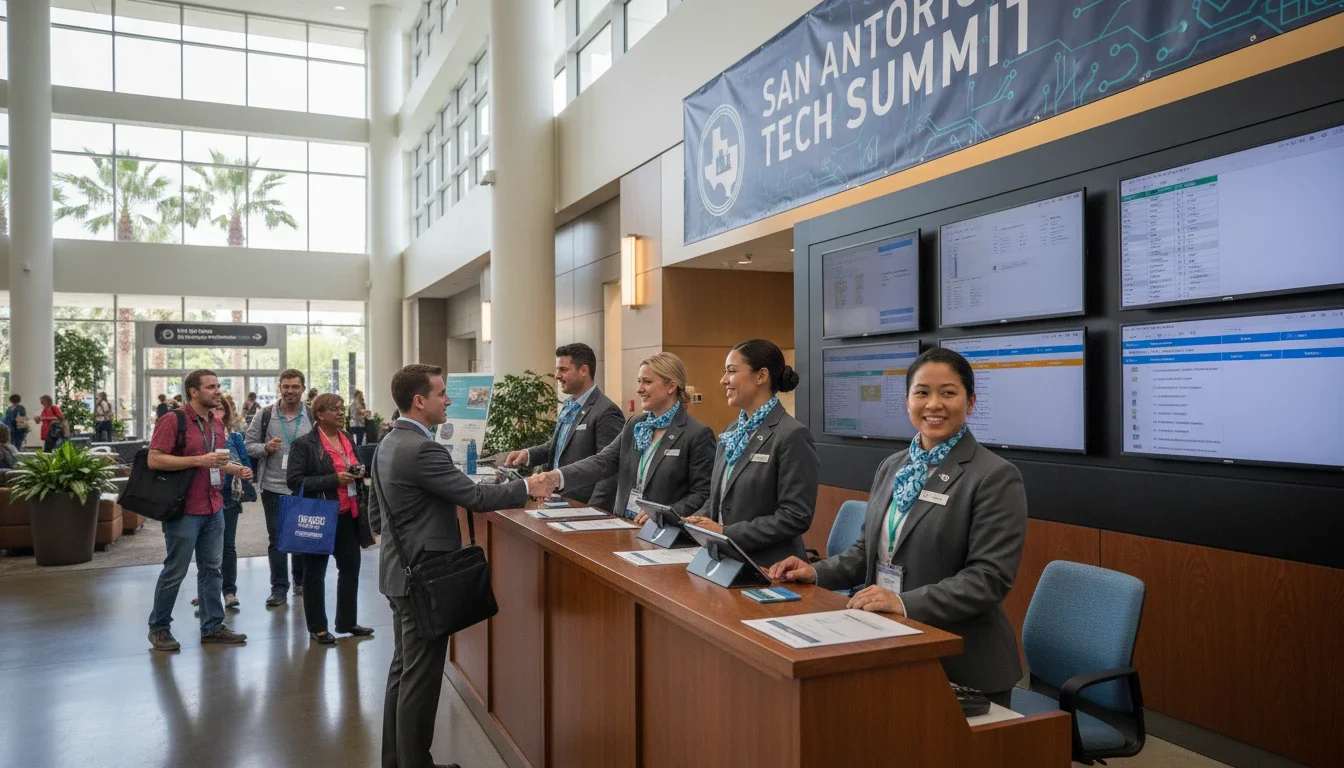 Professional event staff greeting guests at a San Antonio convention center registration desk