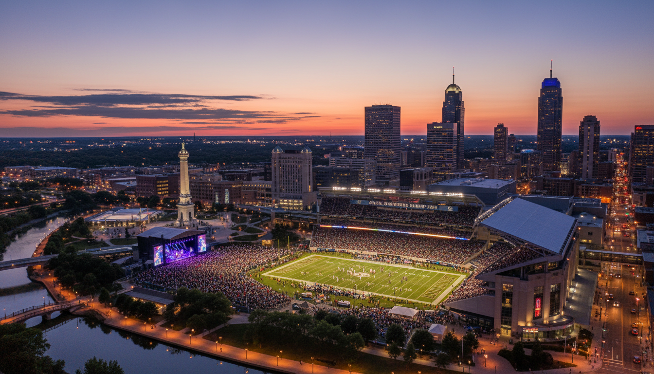 Indianapolis downtown skyline with event venue exterior at dusk